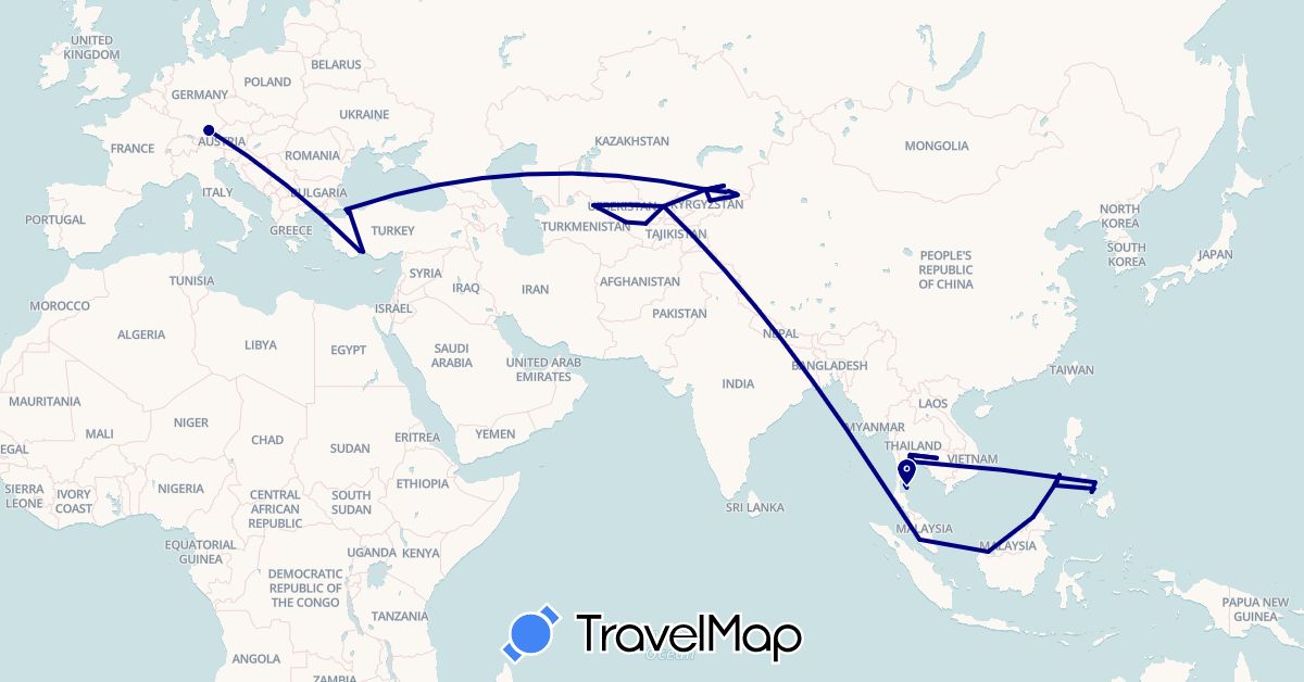 TravelMap itinerary: driving in Germany, Kyrgyzstan, Cambodia, Kazakhstan, Malaysia, Philippines, Thailand, Turkey, Uzbekistan (Asia, Europe)